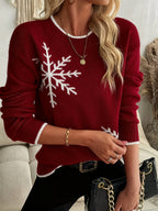 Camisola Vermelha Aconchegante para Mulher com Design de Flocos de Neve - Gola Redonda Casual, Manga Comprida, Conforto para Todas as Estações, Roupa Casual, Moda de Inverno, Camisola Aconchegante, Roupa de Inverno