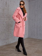 Casaco Comprido Felpudo Feminino com Detalhes de Botões - Cor Sólida, Roupa Exterior Quente de Outono/Inverno, Textura Fofo, Lavável na Máquina, Perfeito para Clima Frio, Roupa de Inverno | Casaco Comprido Fofo | Tecido Macio