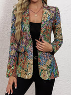 Novo Blazer de Manga Comprida Elegante para Mulher, Estampado Floral e com Um Botão, Design de Comprimento Médio para a Primavera e o Outono.
