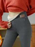 Calças de Inverno Femininas com Forro Polar e Cintura Alta - Opções Multicoloridas para Outono/Inverno, Conforto Casual ou Formal, Tecido Acolchoado, Modelagem Justa, Calças Térmicas Elásticas, Estilo Moderno, Ideal para Escritório