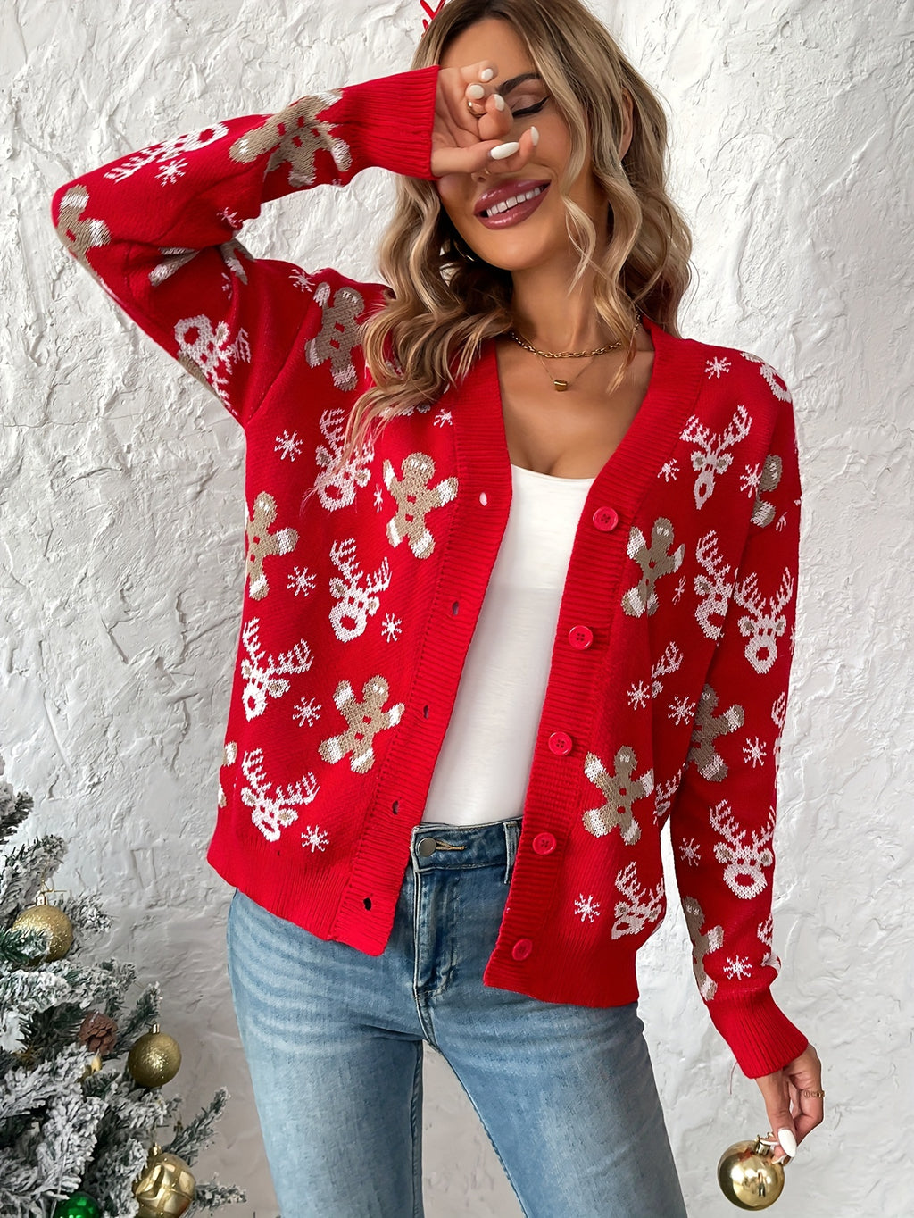 Suéter Feminino Fan Flo de Natal com Rena e Flocos de Neve - Decote em V com Botões, Manga Longa Canelada, Lavável à Máquina, Pulôver Casual Elegante para Festas de Inverno, Padrão Festivo, Tecido Durável, Elasticidade Média
