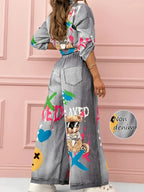 Conjunto Feminino de Outono-Inverno Casual com Estampa de Grafite e Imitação de Denim - Calça Estampada (Não em Tecido Jeans) - Duas Peças