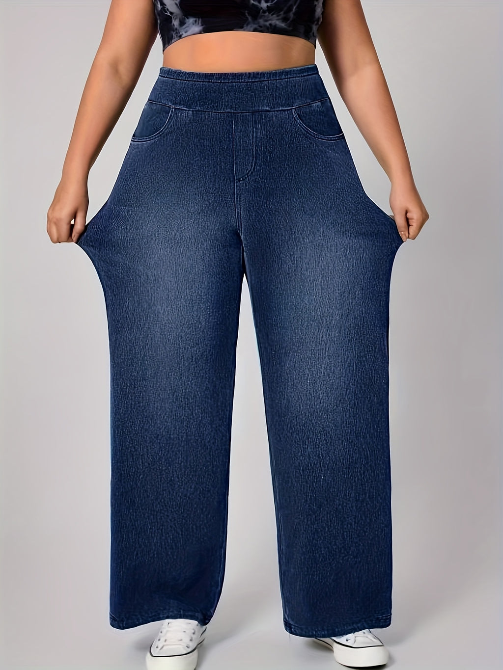 Jeans de ganga elásticos de cintura subida para mulher | Casual, para todas as estações, perna larga, elegantes, com bolsos