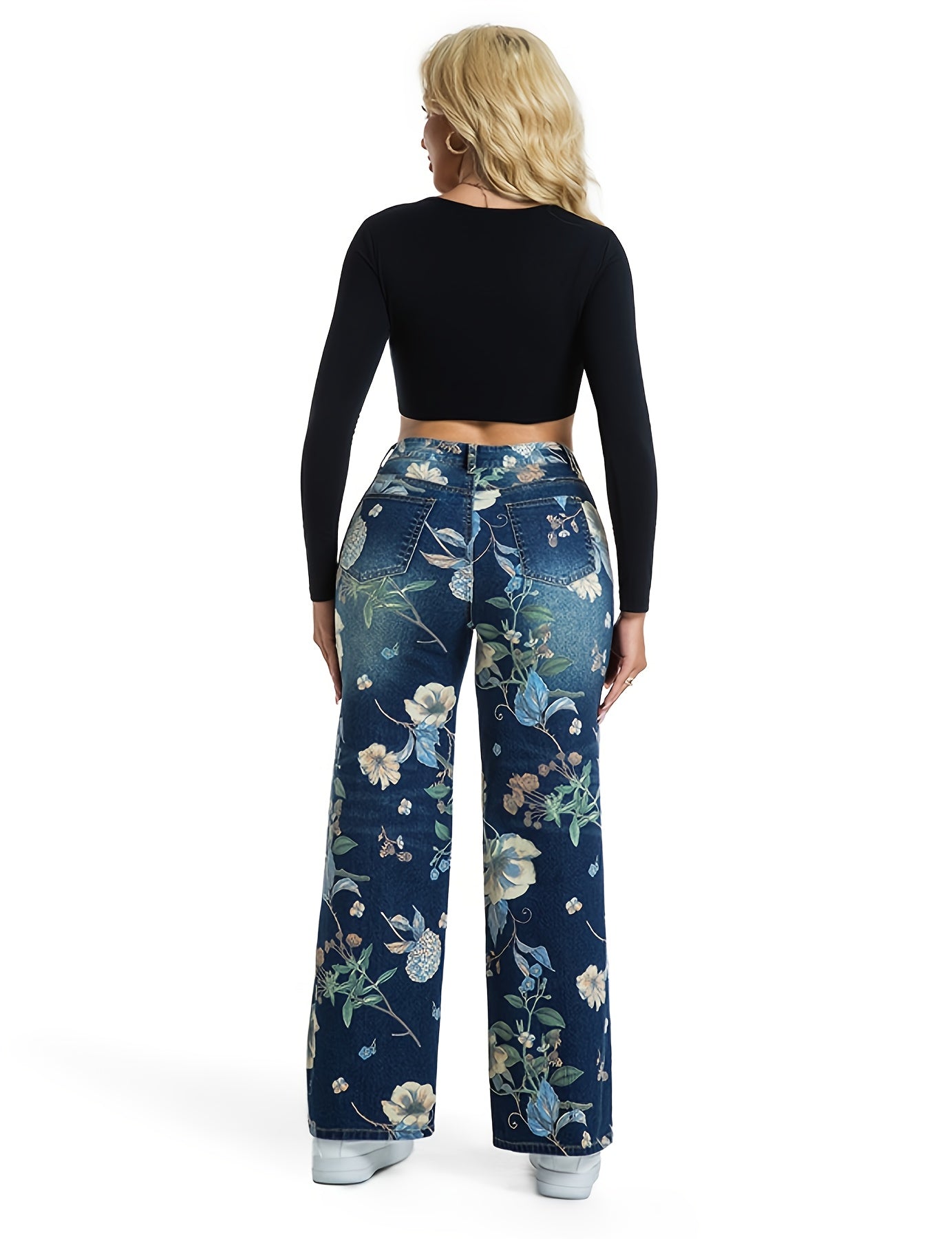 Calças de ganga de cintura alta para mulheres com estampa floral rosa vibrante - pernas retas, fecho de botão, calças longas casuais para verão e outono, calças de ganga de cintura alta, roupa casual de outono, ajuste confortável