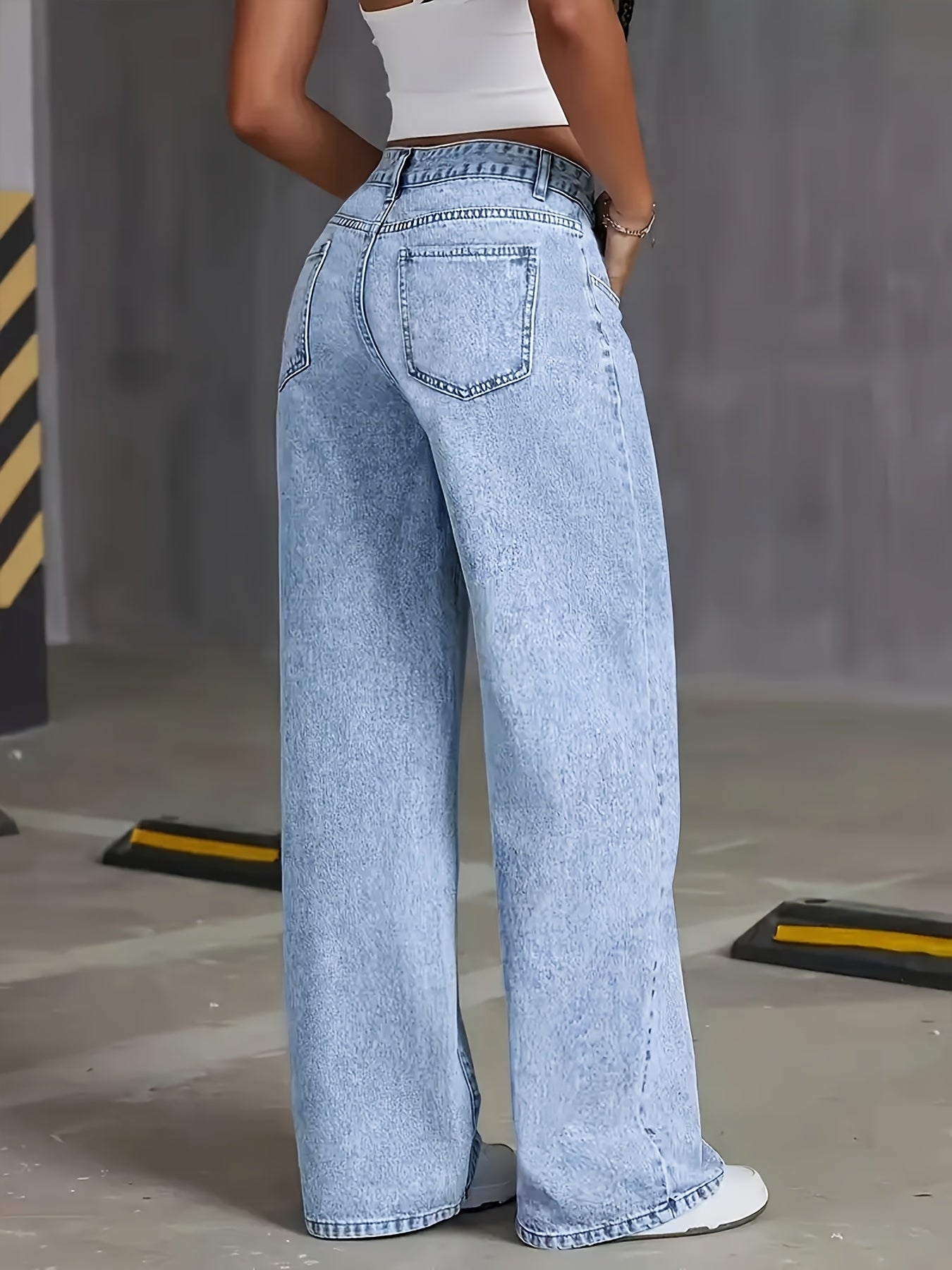 Calças jeans femininas 2025 novas, pernas largas e retas com lavagem ácida azul claro, controle de barriga, cintura alta, confortáveis, bolsos, elegantes para viagens, trabalho ou escritório