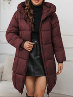 Casaco de Inverno Comprido Elegante com Capuz para Mulher - Casaco Leve com Fecho Completo e Bolsos, Roupa Exterior Quente de Comprimento Médio para Clima Frio, Cor Sólida, Corte Normal, Sem Cinto, Mangas Compridas, Casacos de Inverno