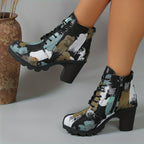 Botas de Tecido Estilo Desgastado para Mulheres com Salto Médio Robusto, Zíper Lateral & Bico Redondo - Botas Tornozelo Versáteis do Casual ao Formal, Disponíveis em Largura Ampliada