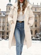 Jaqueta Puffer Feminina com Capuz para o Inverno - Casaco Impermeável com Bolsos, Acolchoado e Quente para Esqui, Snowboard e Passeios ao Ar Livre, Parka de Manga Longa até o Meio da Panturrilha (Lavagem Manual)