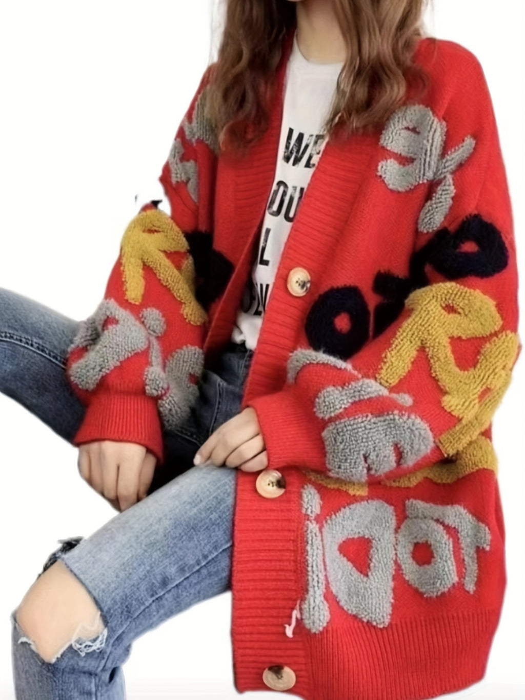 Cardigan de botão com padrão de letras, cardigan casual de manga longa para outono e inverno, roupas femininas