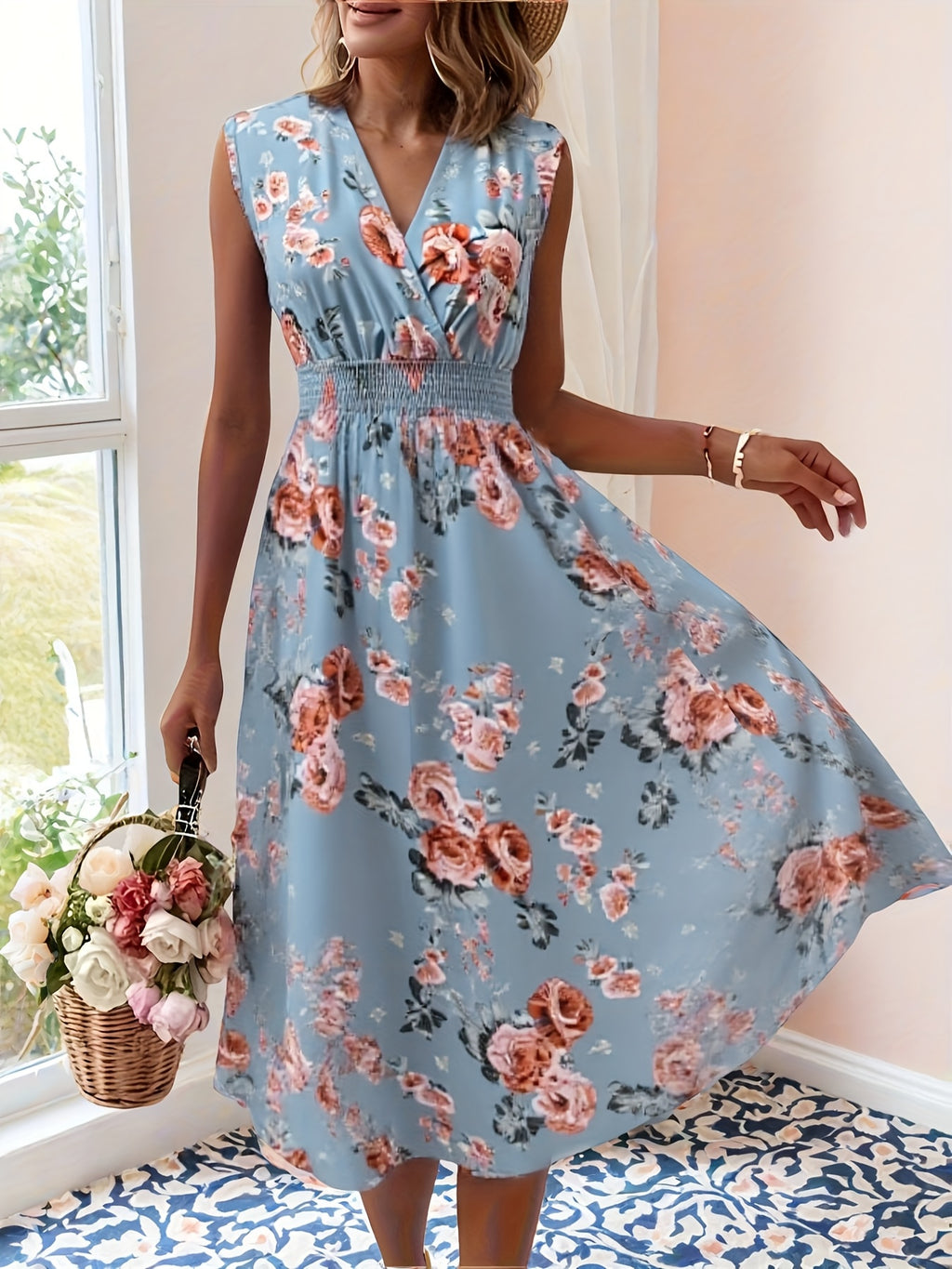 Vestido Feminino Elegante Decote em V Curto a Médio Comprimento A-Line - Sem Mangas, Cintura Smock, Estampa Floral Vermelho e Verde, Lavável à Máquina, Primavera Verão, Convidada de Casamento, Festa, Vestido Semi-Transparente para Mulheres