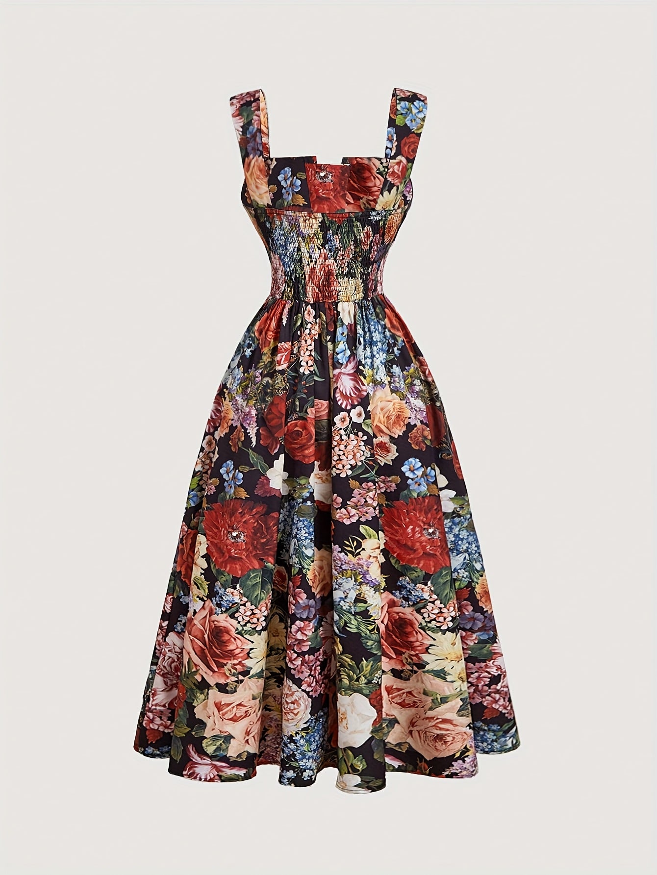 Vestido A-Line Elegante com Estampa Floral para Mulheres com Detalhe de Franzido - Estilo Vintage, Sem Mangas, Decote Redondo, Poliéster Leve para Festas de Primavera/Verão e Saídas Casuais, Vestido Floral