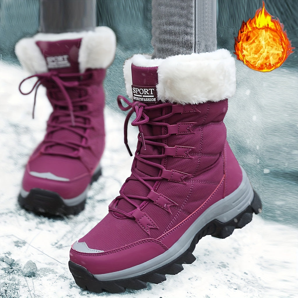 Botas de Inverno para Mulheres - Botas de Cano Médio com Forro de Lã Bege Claro, Acabamento de Pelúcia Faux Fur, Sola Grossa de TPR e Design de Atacadores para Esportes ao Ar Livre, Uso Casual - Presente Aconchegante para Mulheres, Botas de Inverno, Calçado para Atividades ao Ar Livre, Calçado de Inverno Elegante, Calçado de Inverno Durável