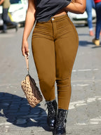 Calças Skinny de Cintura Alta para Mulheres - Pretas Elegantes e Reta com Fechamento em Botão & Zíper Interno, Confortáveis para Todas as Estações, Do Casual ao Formal (Lavável à Mão)