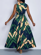 Vestido Maxi A-Line com Estampa Tropical de Palmeira - Azul Marinho e Turquesa Manga Sino, Cintura Curta & Comprimento Fluído para Casamentos na Praia, Festas Eventos Verão - Lavável à Máquina Elegante no Espirito Resort