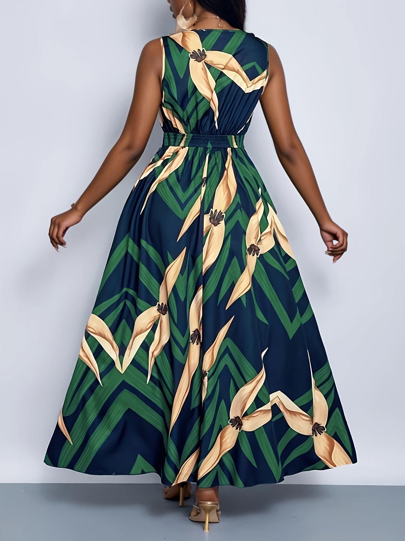 Vestido Maxi A-Line com Estampa Tropical de Palmeira - Azul Marinho e Turquesa Manga Sino, Cintura Curta & Comprimento Fluído para Casamentos na Praia, Festas Eventos Verão - Lavável à Máquina Elegante no Espirito Resort