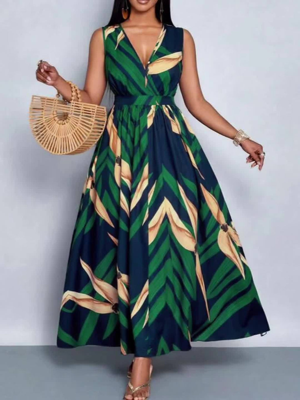 Vestido Maxi A-Line com Estampa Tropical de Palmeira - Azul Marinho e Turquesa Manga Sino, Cintura Curta & Comprimento Fluído para Casamentos na Praia, Festas Eventos Verão - Lavável à Máquina Elegante no Espirito Resort