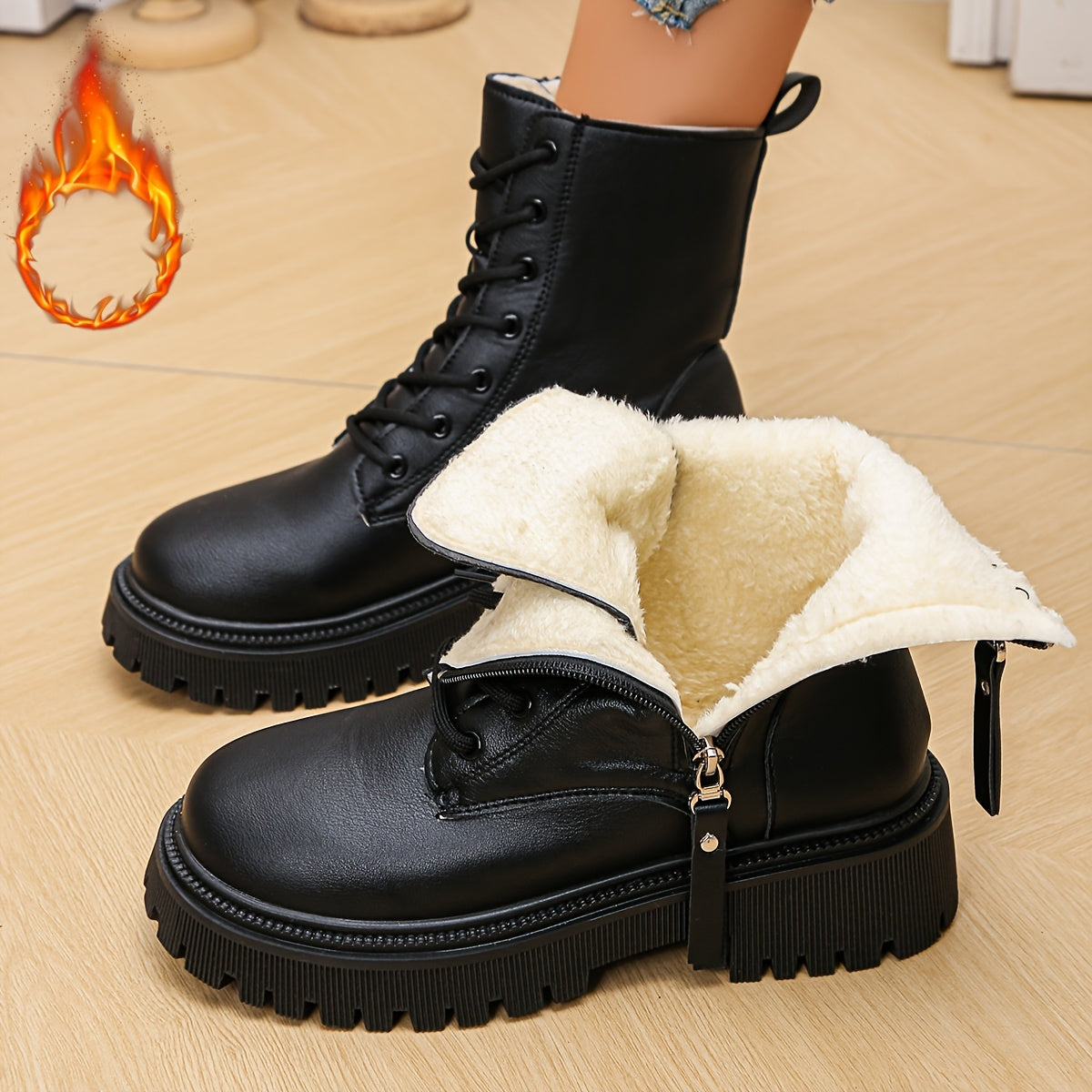 Botas de tornozelo com atacadores de inverno para mulheres com fecho lateral - Fácil de calçar/descalçar, sola de PVC antiderrapante, bico redondo e salto plano - Botas elegantes pretas e brancas para o dia a dia, escritório, eventos formais - Calçado para o frio para mulheres, botas de inverno para senhoras, calçado para o dia a dia, design de botas elegante, sola de PVC durável, vestuário de escritório, calçado elegante, forro confortável, mulheres conscientes da moda