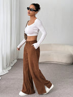 Calças de Bombazine de Perna Larga Elegantes para Mulher | Cor Sólida, Comprimento Longo Confortável, Estação Outono/Inverno, Corte Normal, Racha Lateral, Sem Cinto