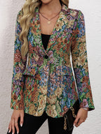 Novo Blazer de Manga Comprida Elegante para Mulher, Estampado Floral e com Um Botão, Design de Comprimento Médio para a Primavera e o Outono.