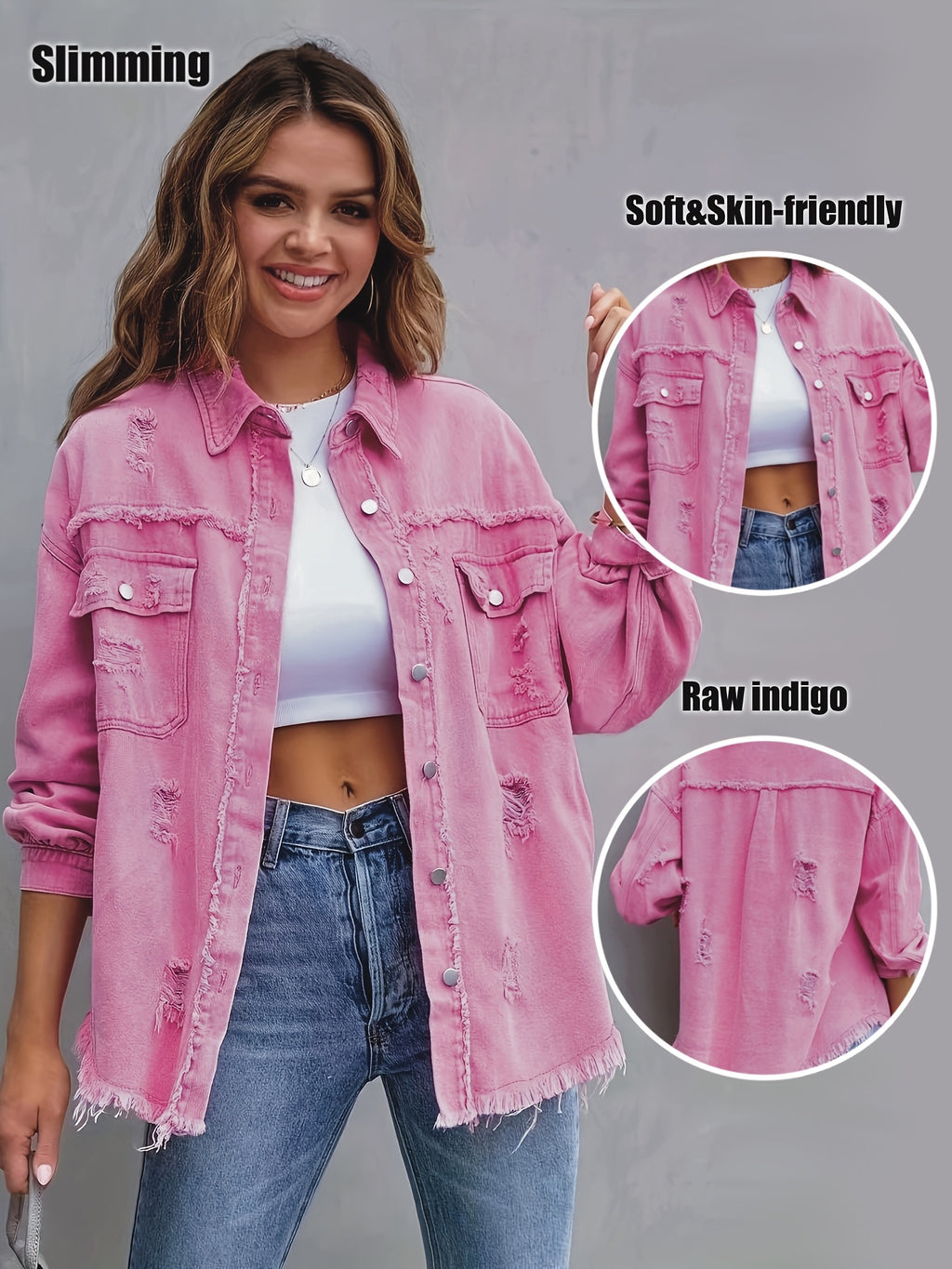 Jaqueta de ganga Boho-Chic de tamanho grande para mulheres com detalhes desgastados - Azul claro, tamanho grande, fecho de botão, mangas compridas, bainha desfiada, estilo casual para todas as estações, roupa exterior casual | Jaqueta de bainha desfiada | Jaqueta de bainha desfiada