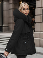 Casaco Térmico de Inverno para Mulher com Forro de Lã e Fecho Completo - Roupa Exterior Resistente para Clima Frio, Fecho Frontal de Correr de Comprimento Total, Capuz Ajustável com Cordão e Bolsos Grandes - Cor Sólida Lavável na Máquina para Uso Diário e Exterior