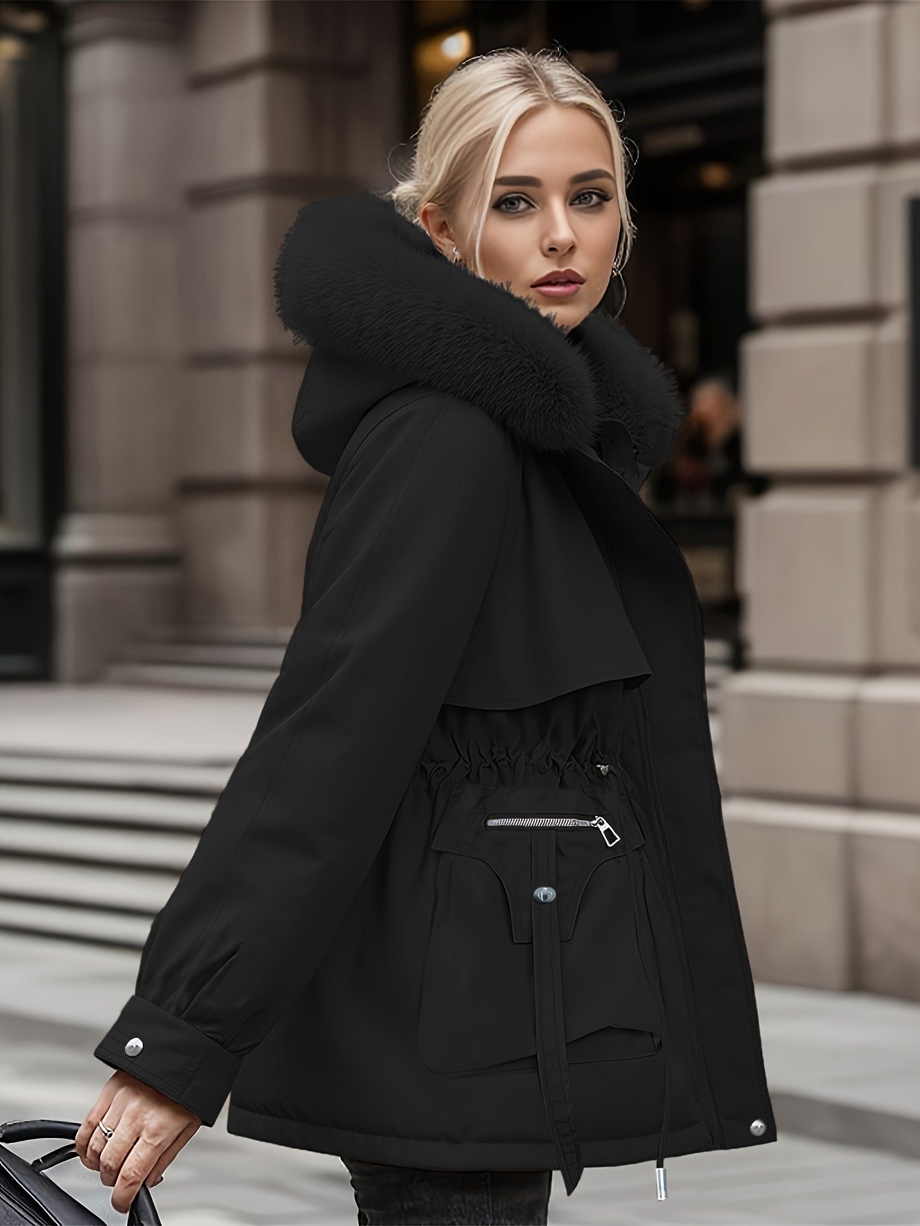 Casaco Térmico de Inverno para Mulher com Forro de Lã e Fecho Completo - Roupa Exterior Resistente para Clima Frio, Fecho Frontal de Correr de Comprimento Total, Capuz Ajustável com Cordão e Bolsos Grandes - Cor Sólida Lavável na Máquina para Uso Diário e Exterior