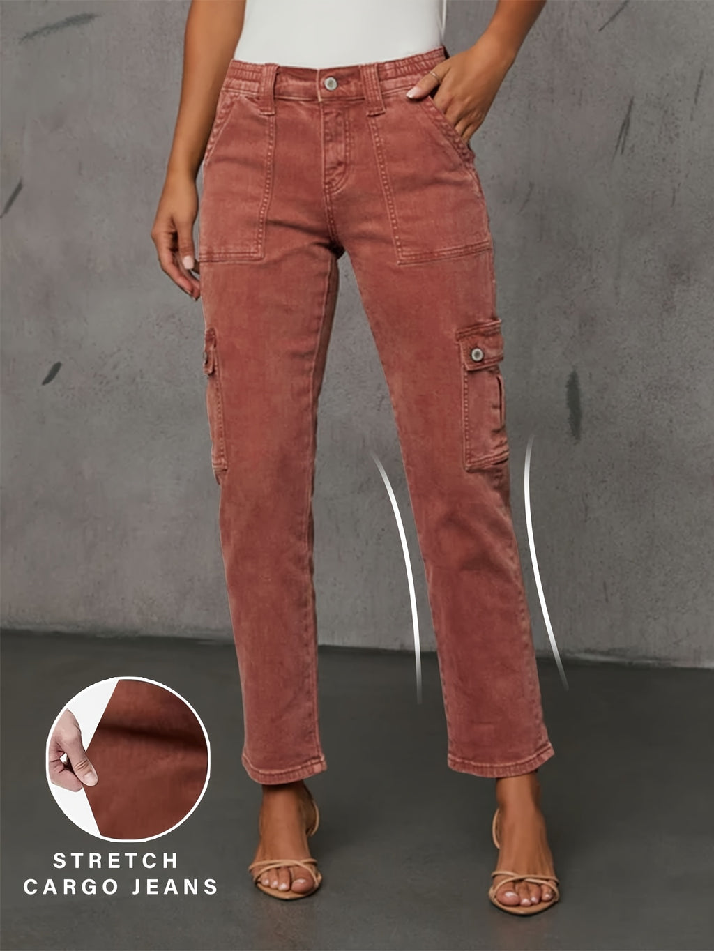 Jeans de Cintura Subida Elásticos para Mulher | Perna Reta, Modernos e Versáteis, Fecho de Botão, Detalhes de Bolsos, Adequados para o Fim de Semana Casual