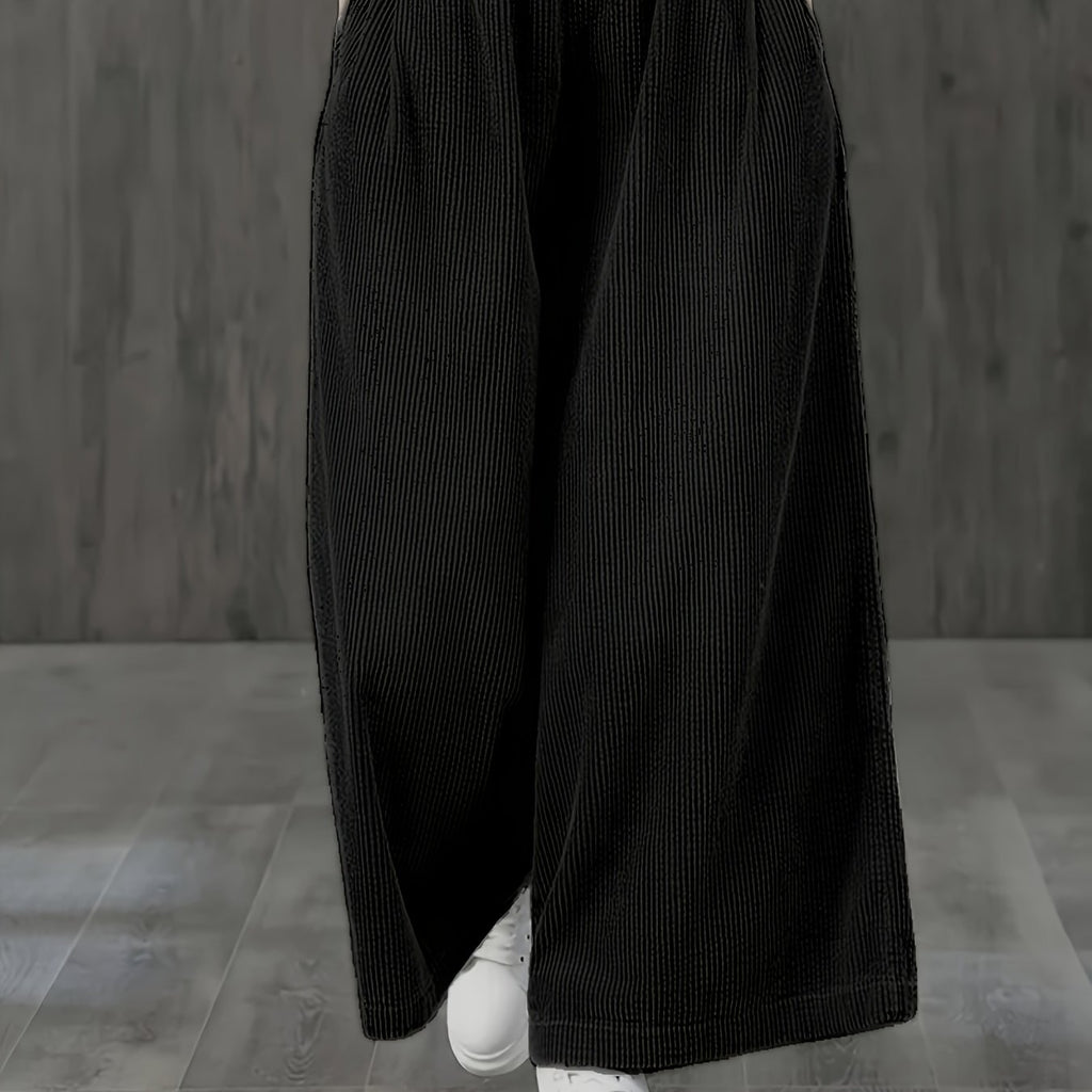 Wide-Leg Corduroy Pants with Elastic Waist and Pockets