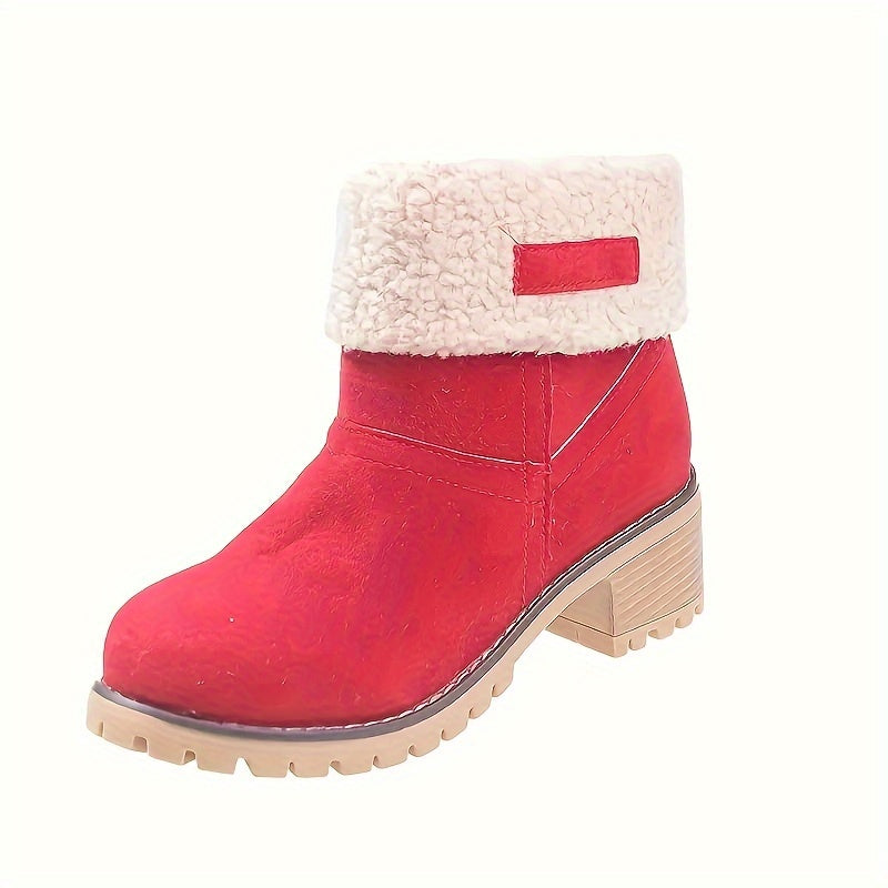 Botas de inverno para mulheres com salto grosso - Botas de cano médio com biqueira redonda e forro de lã, forro de tecido quente e sola de borracha para deslocações ao ar livre, uso casual - Tamanho grande disponível, Botas de inverno, Calçado para clima frio, Forro de interior felpudo, Calçado de tração durável, Calçado para uso diário, Forro aconchegante, Usuários de clima quente