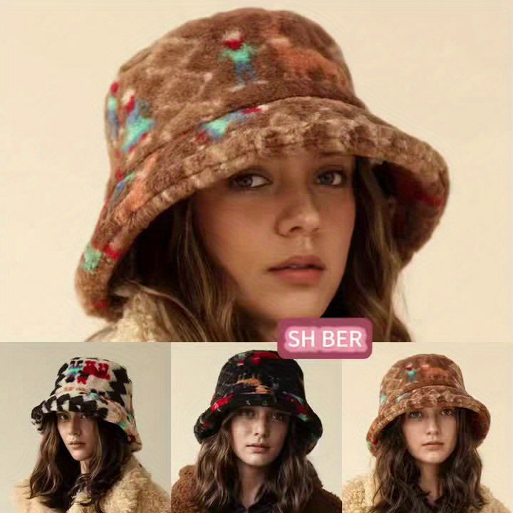 1pc Chapéu de Pescador Feminino - Chapéu Balde Leve e Quente para o Inverno com Estampa Aleatória, Pele Sintética Macia, Ajustável 55.88-60.96 cm para Natal & Uso Diário, Design Facial, Chapéus de Inverno, Acessório Festivo, Padrão Tiedye