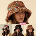 1pc Chapéu de Pescador Feminino - Chapéu Balde Leve e Quente para o Inverno com Estampa Aleatória, Pele Sintética Macia, Ajustável 55.88-60.96 cm para Natal & Uso Diário, Design Facial, Chapéus de Inverno, Acessório Festivo, Padrão Tiedye