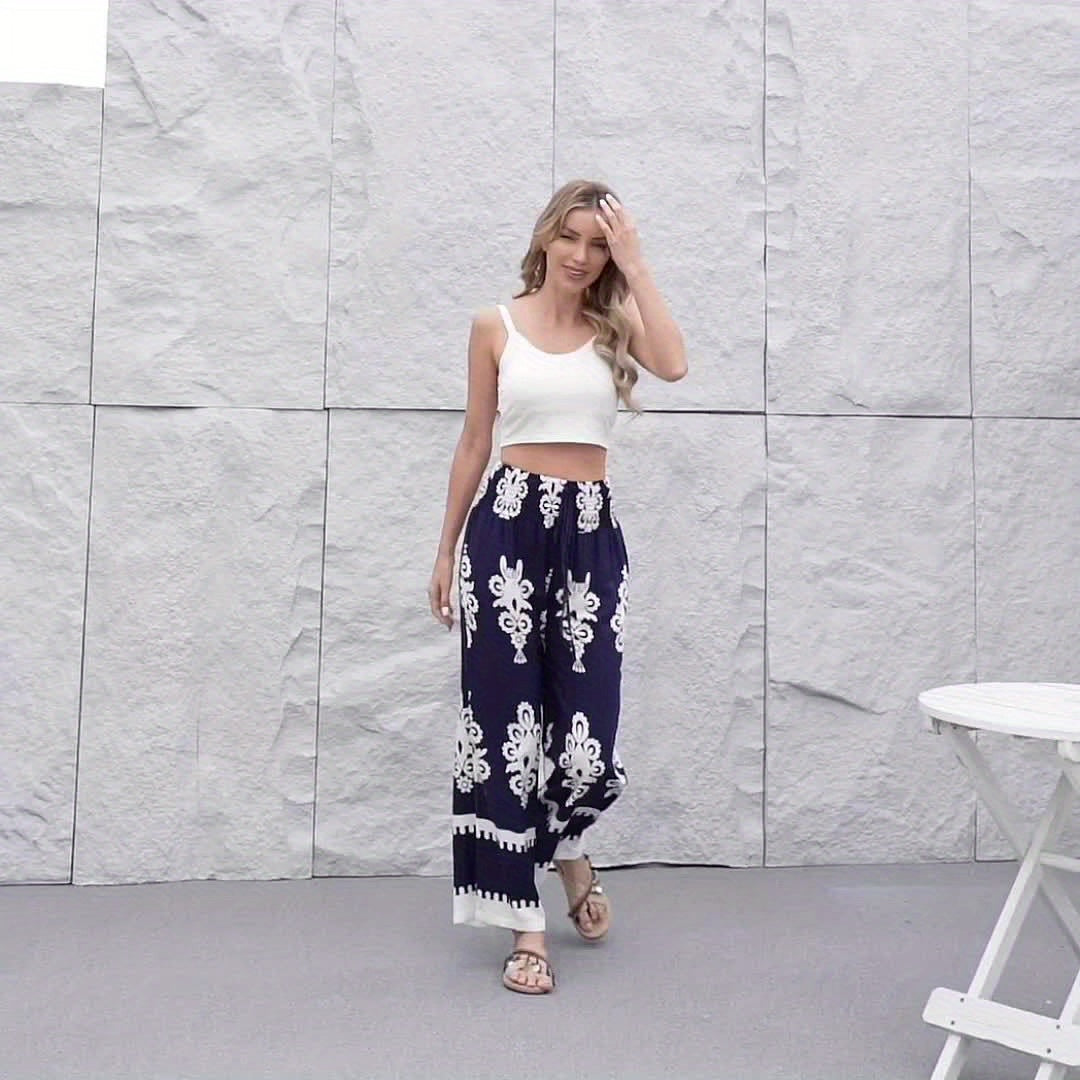 Calças Femininas de Perna Larga com Estampa Floral em Azul Marinho e Branco, Cintura Elástica com Cordão e Detalhe de Smocking - Lavável à Máquina, Confortáveis para Todas as Estações, Tecido Suave e Elegante