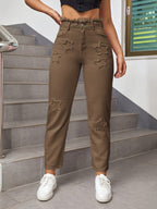 Calças Jeans Femininas de Cintura Alta com Remendos Estrelados Desgastado, Modelo Mom Fit e Ajuste Solto