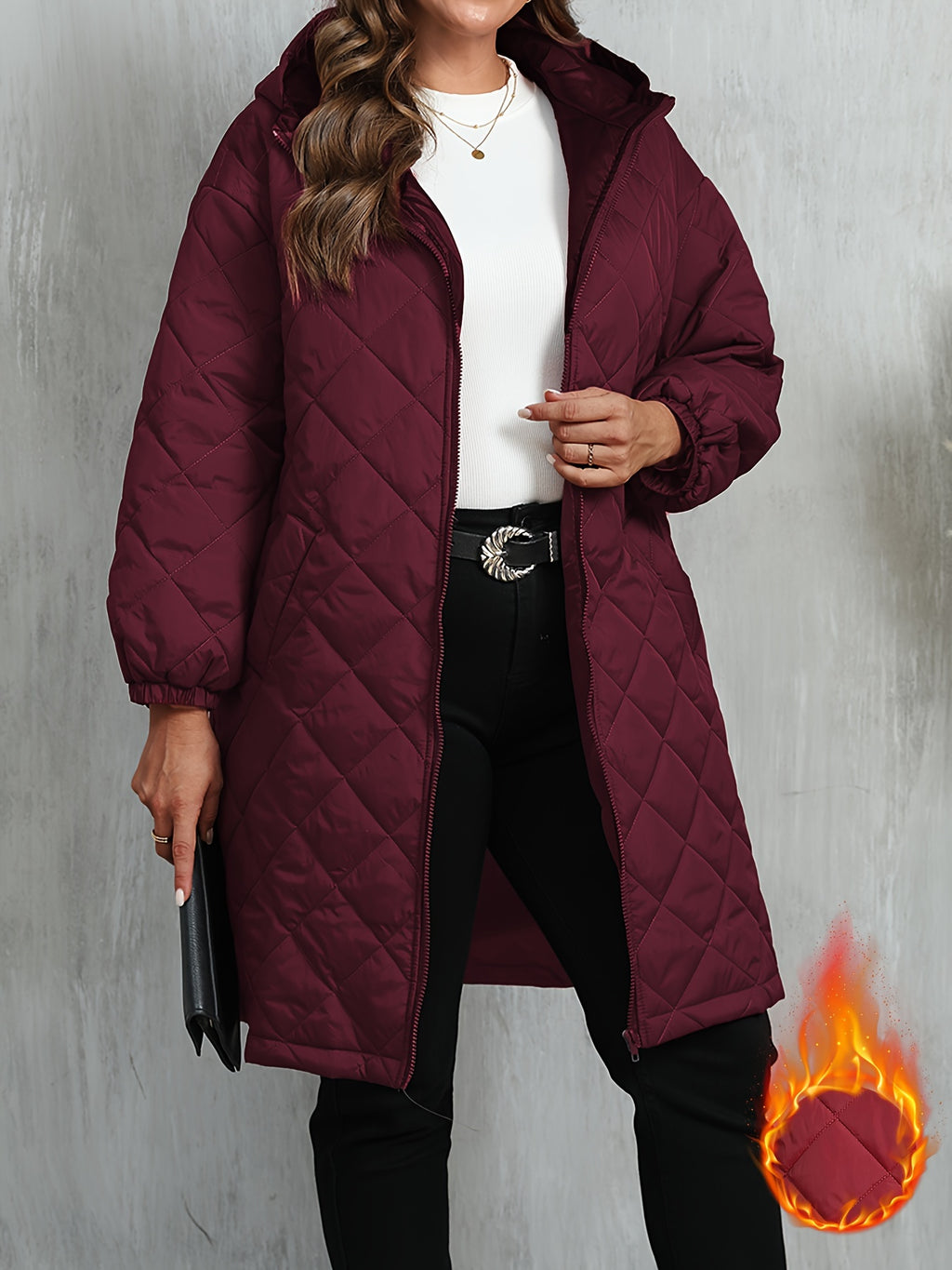 Jaqueta elegante com capuz e forro em cor púrpura para mulheres - Fecho de correr, manga comprida, tecido não elástico com bolsos, ideal para outono/inverno, roupa casual de inverno|Design acolchoado|Jaqueta com fecho de correr