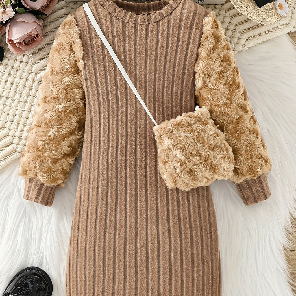 Chic Cozy Dress & Furry Bag Set for Girls