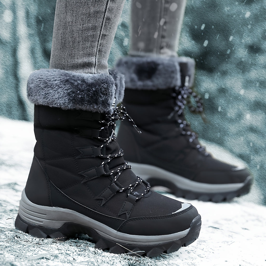 Botas de Inverno para Mulheres - Botas de Cano Médio com Forro de Lã Bege Claro, Acabamento de Pelúcia Faux Fur, Sola Grossa de TPR e Design de Atacadores para Esportes ao Ar Livre, Uso Casual - Presente Aconchegante para Mulheres, Botas de Inverno, Calçado para Atividades ao Ar Livre, Calçado de Inverno Elegante, Calçado de Inverno Durável