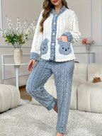 Conjunto de Pijama Novo Outono/Inverno, Manga Longa e Pernas, Urso Bordado com Design Canguru, Quente e Confortável, Casual Jacquard Solto para Adolescentes