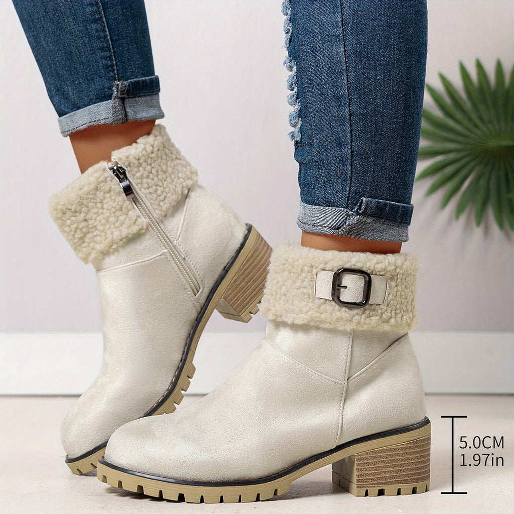 Botas Femininas de Cano Curto, Clássicas e Confortáveis. Botas de Inverno em Cores Quentes: Caqui, Preto e Bege. Botas de Cor Sólida, Forradas com Fleece, Aumentam a Altura e Antiderrapantes, Leves, com Bico Redondo Fofo. Gola Macia e Peluda. Botas Femininas Estilosas para Outono/Inverno, Inspiradas