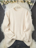 Camisola de Cabo Oversize Feminina - Cardigan Aconchegante de Outono/Inverno com Detalhe de Torção, Bege, Manga Comprida, Gola Redonda, Estilo Casual, Perfeito para Roupa Casual, Camisola Aconchegante