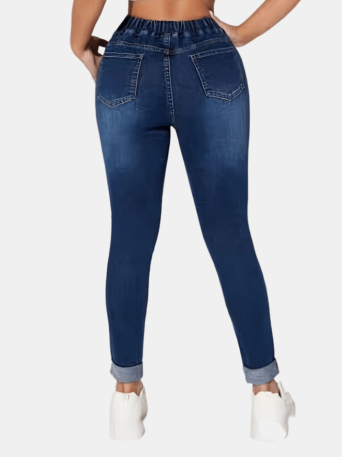 Calças de ganga de cintura alta para mulheres de tamanho grande com cintura elástica e cordão - Ajuste slim, bainha com punho, lavagem azul clara, estilo casual, ajuste confortável para atuário casual, calças de ganga de cintura alta, roupa confortável, material não transparente