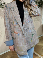 Blazer elegante de manga comprida para deslocações, moderno, com patchwork e estampado de graffiti nos punhos
