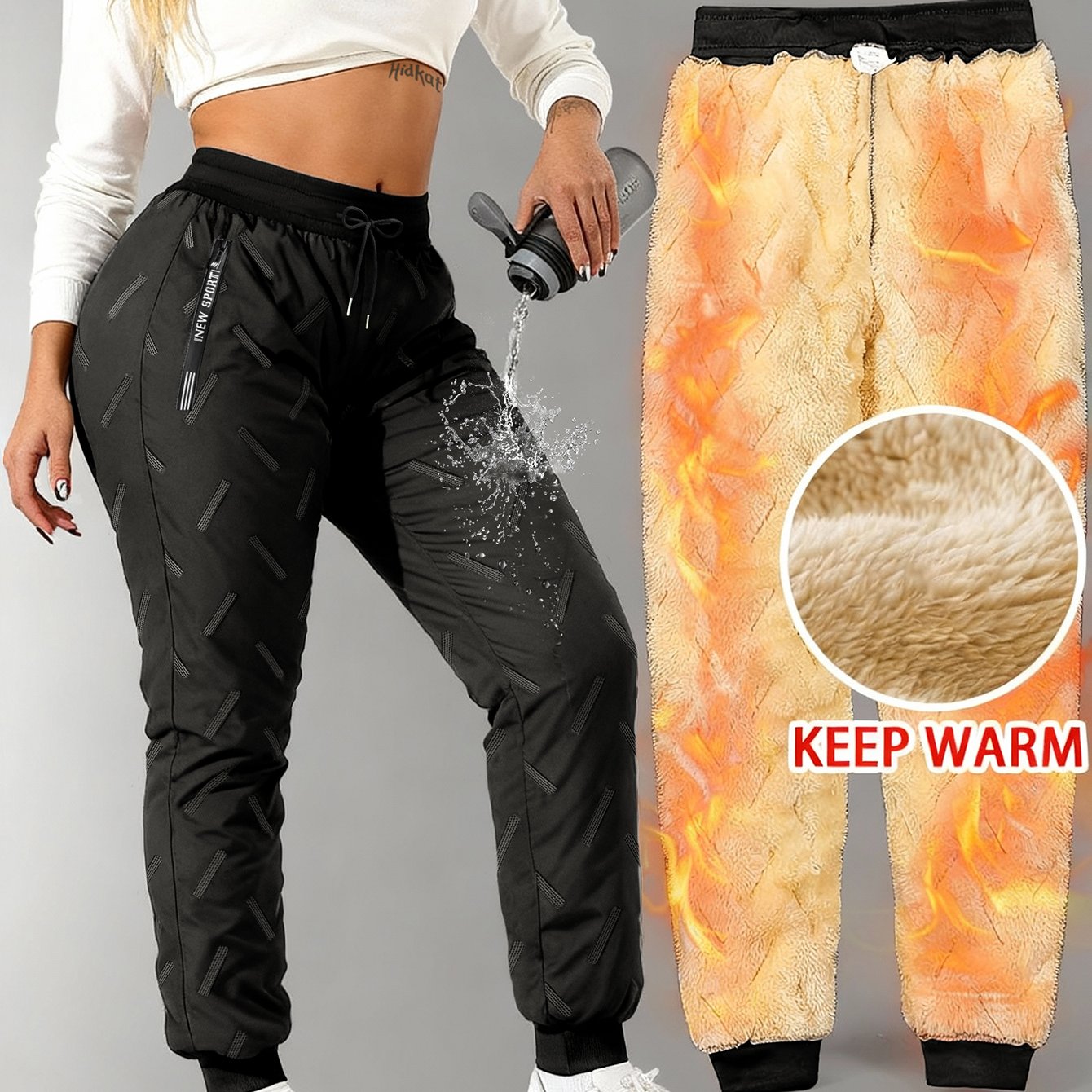 Women's Winter Fleece-Lined Wide-Leg Pants with Zipper Pockets