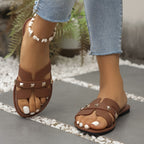 Sandálias Chinelas Femininas Chiques - Abertas Casualmente, Falso Cobertura com Tiras de Fivela Douradas, Sola de Borracha Confortável - Calçado Versátil para Todas as Estações