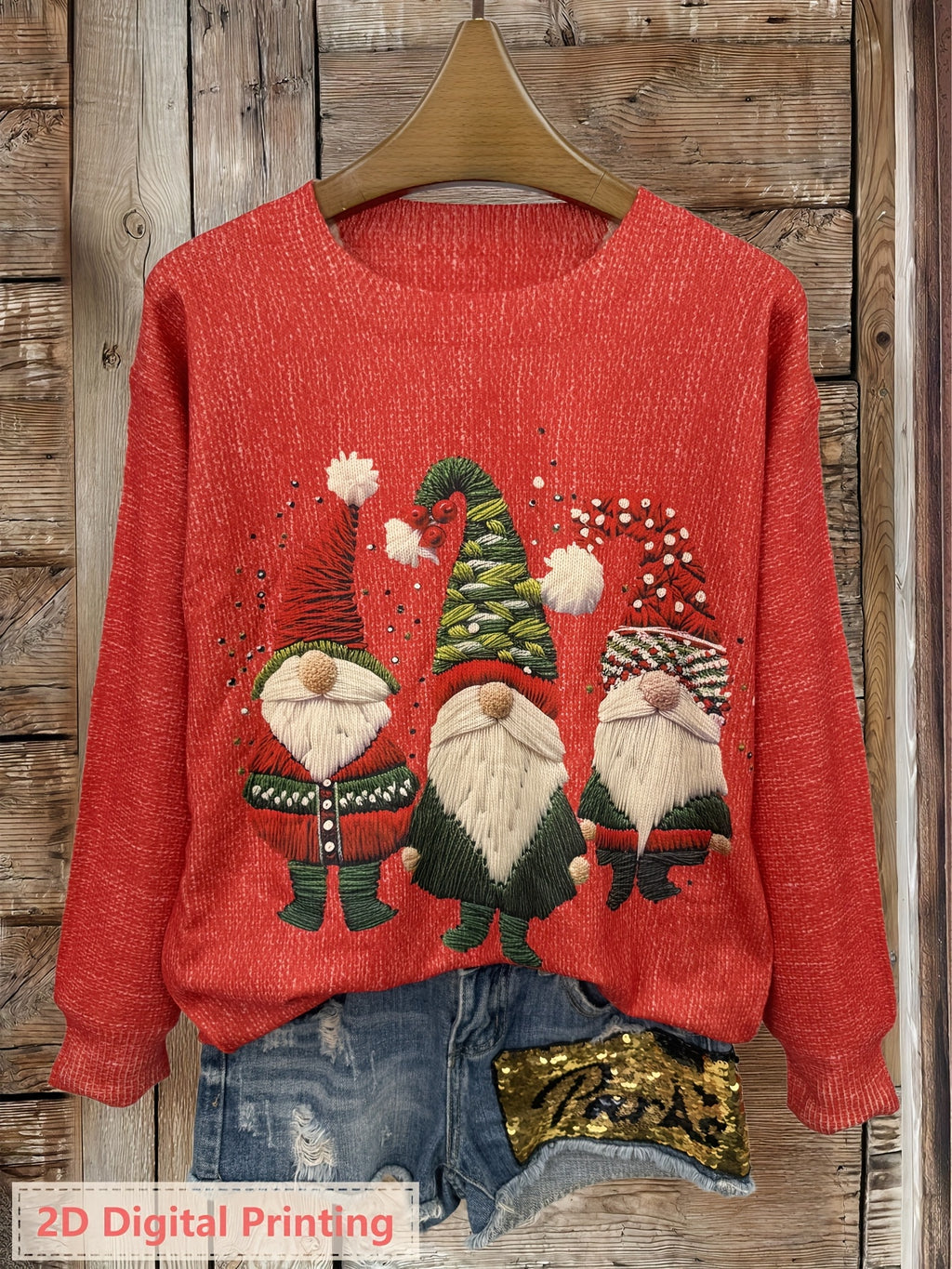 Camisola de Manga Comprida com Gola Redonda e Impressão 3D para Mulher - Design Ultra HD Gótico Corvo & Pai Natal, Impressão Integral Leve, Estilo Casual Elegante, Corte Normal