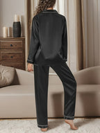 Conjunto Simples De Lounge Em Cetim Sólido, Top Com Botões De Manga Comprida E Lapela & Calças Elásticas, Loungewear Para Mulheres