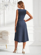 Vestido Elegante Feminino Sem Mangas com Estampado de Corações - Azul Marinho com Bolinhas, Bainha Évasée e Cintura com Folhos, Lavável na Máquina, Roupa Versátil para Todas as Estações, Casuais ou Formais, Vestidos Bonitos