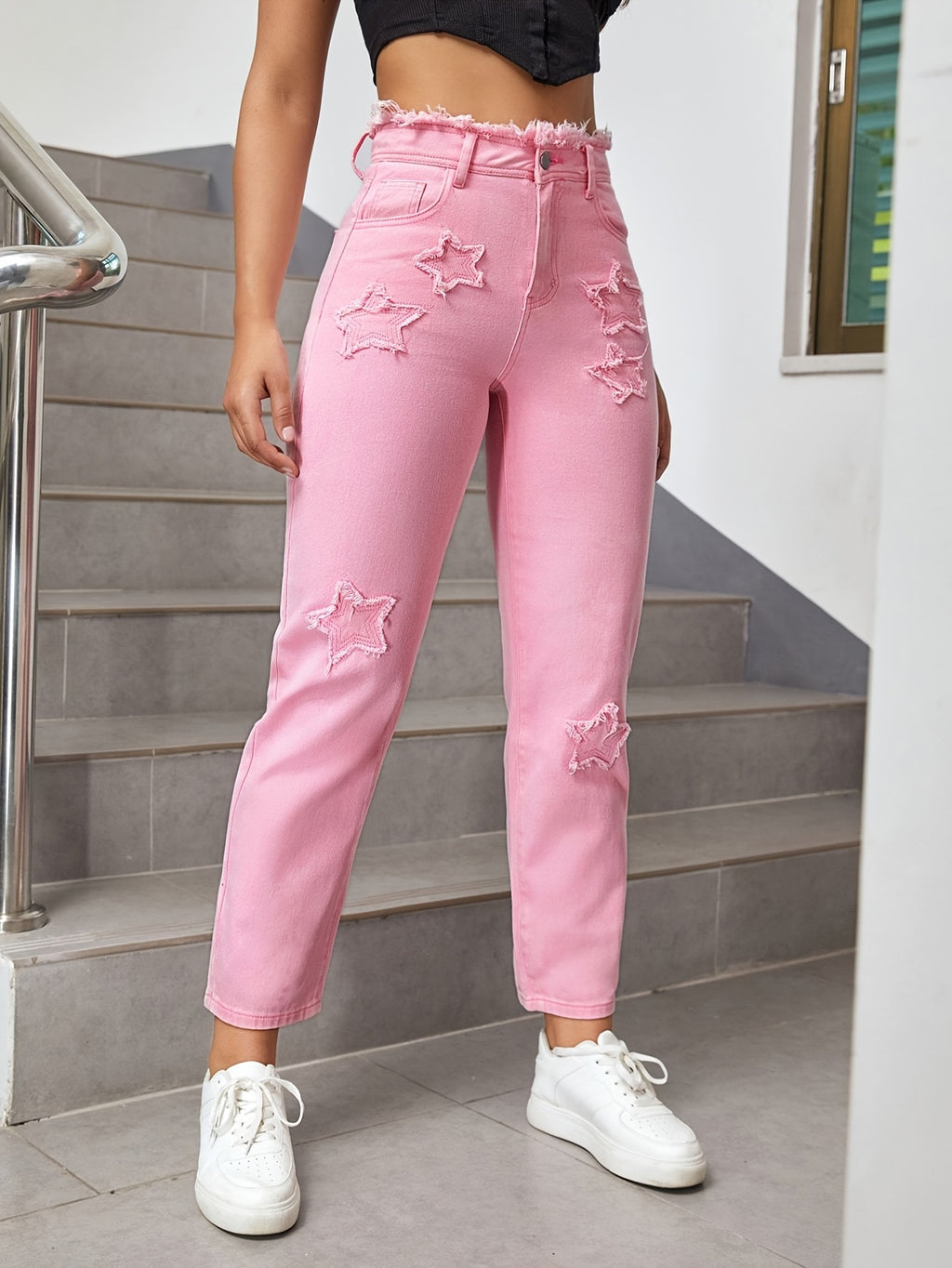 Calças Jeans Femininas de Cintura Alta com Remendos Estrelados Desgastado, Modelo Mom Fit e Ajuste Solto