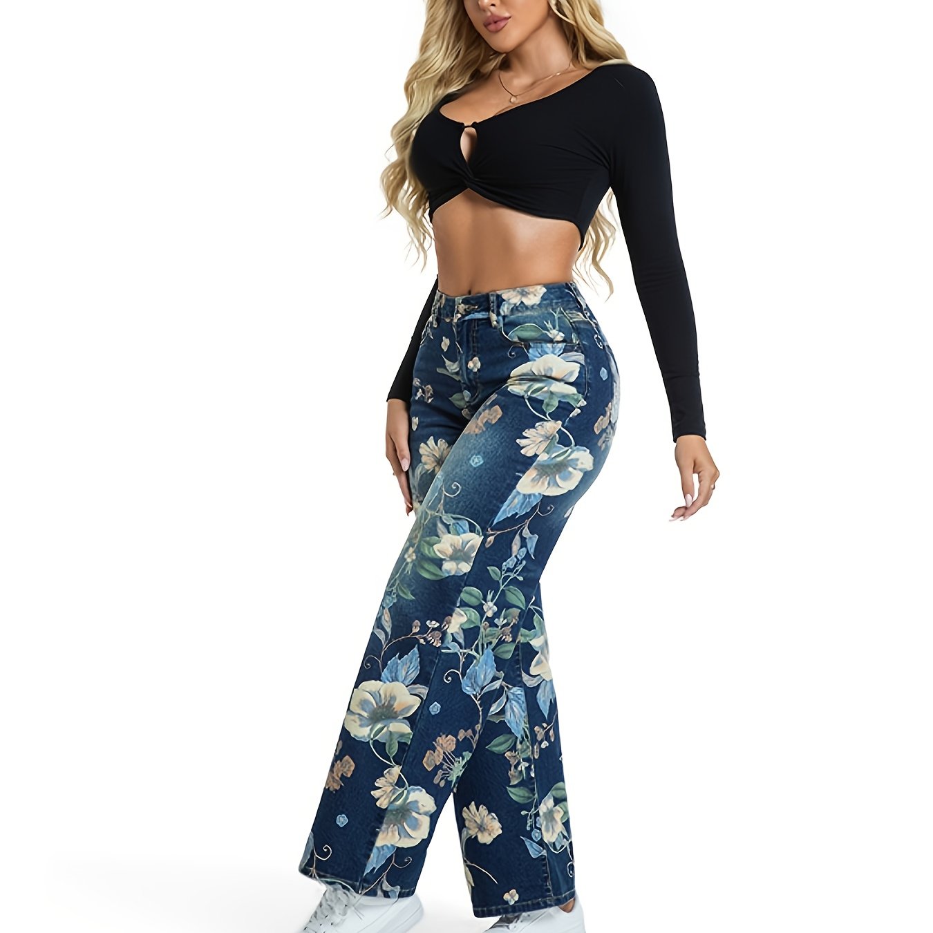 High-Waisted Floral Jeans - Vibrant Rose Edition