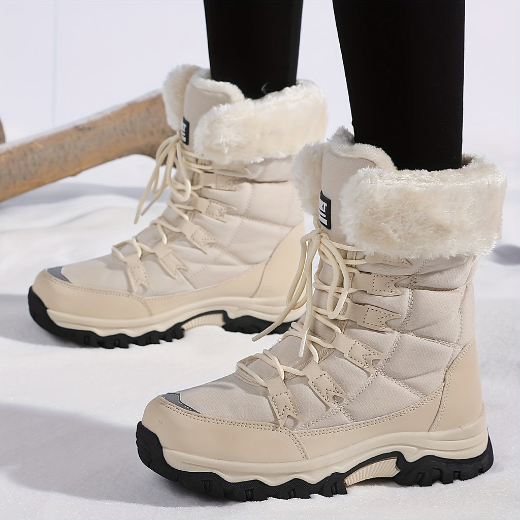 Botas de Inverno para Mulheres - Botas de Cano Médio com Forro de Lã Bege Claro, Acabamento de Pelúcia Faux Fur, Sola Grossa de TPR e Design de Atacadores para Esportes ao Ar Livre, Uso Casual - Presente Aconchegante para Mulheres, Botas de Inverno, Calçado para Atividades ao Ar Livre, Calçado de Inverno Elegante, Calçado de Inverno Durável
