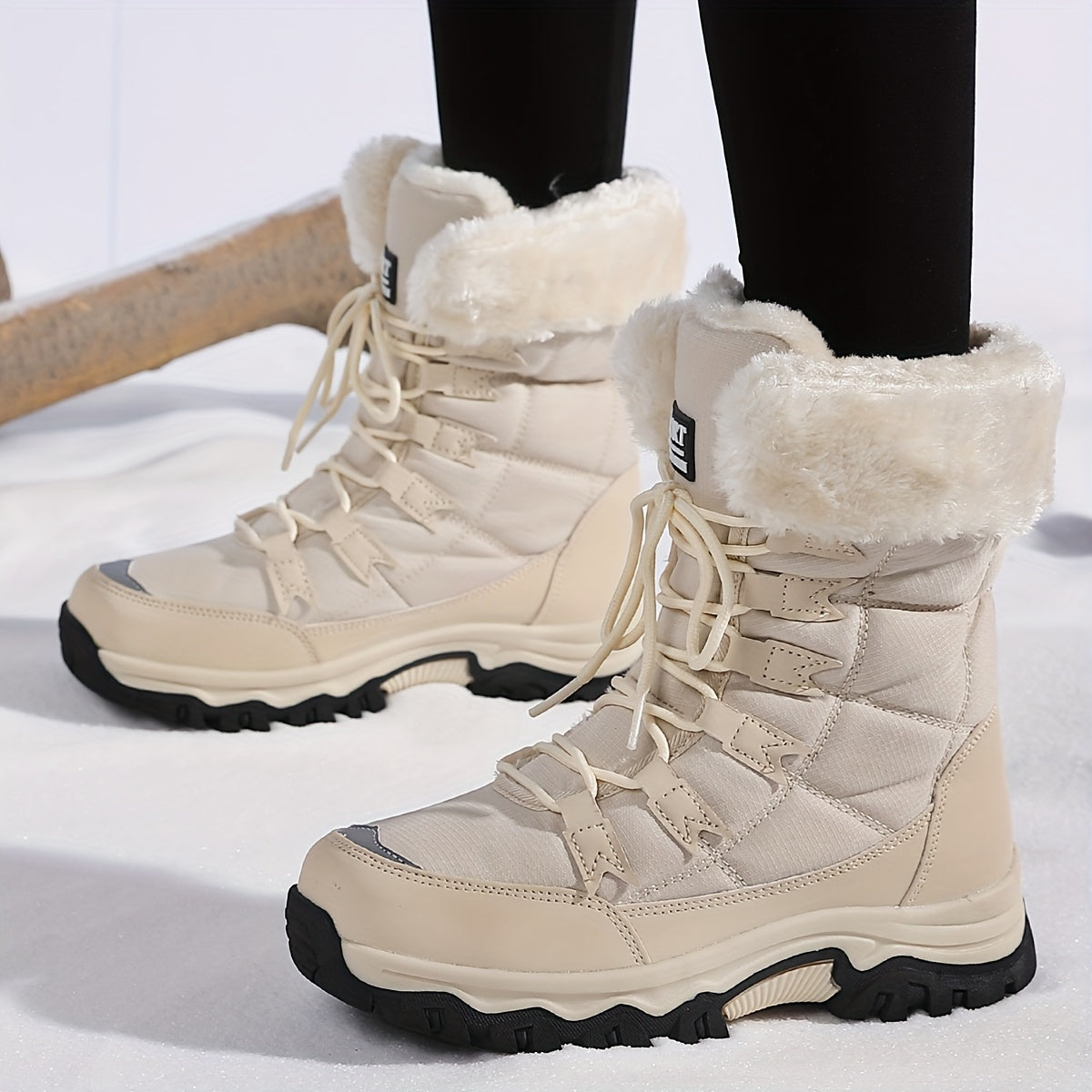 Botas de Inverno para Mulheres - Botas de Cano Médio com Forro de Lã Bege Claro, Acabamento de Pelúcia Faux Fur, Sola Grossa de TPR e Design de Atacadores para Esportes ao Ar Livre, Uso Casual - Presente Aconchegante para Mulheres, Botas de Inverno, Calçado para Atividades ao Ar Livre, Calçado de Inverno Elegante, Calçado de Inverno Durável